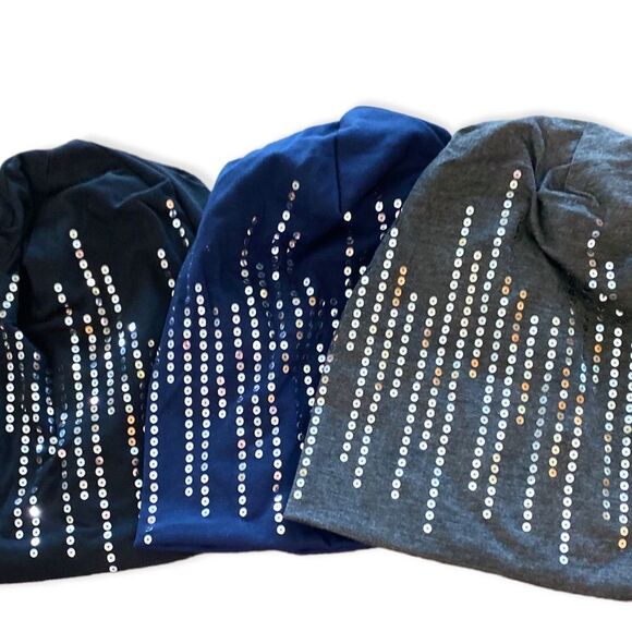Black Silver Sequins Waterfall Lightweight Cotton Beanie Cap - NEW - Picture 4 of 4